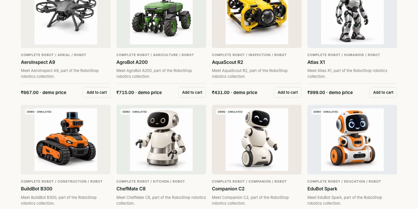 RoboShop AI storefront hero with the headline "A little more extraordinary" and a humanoid robot render