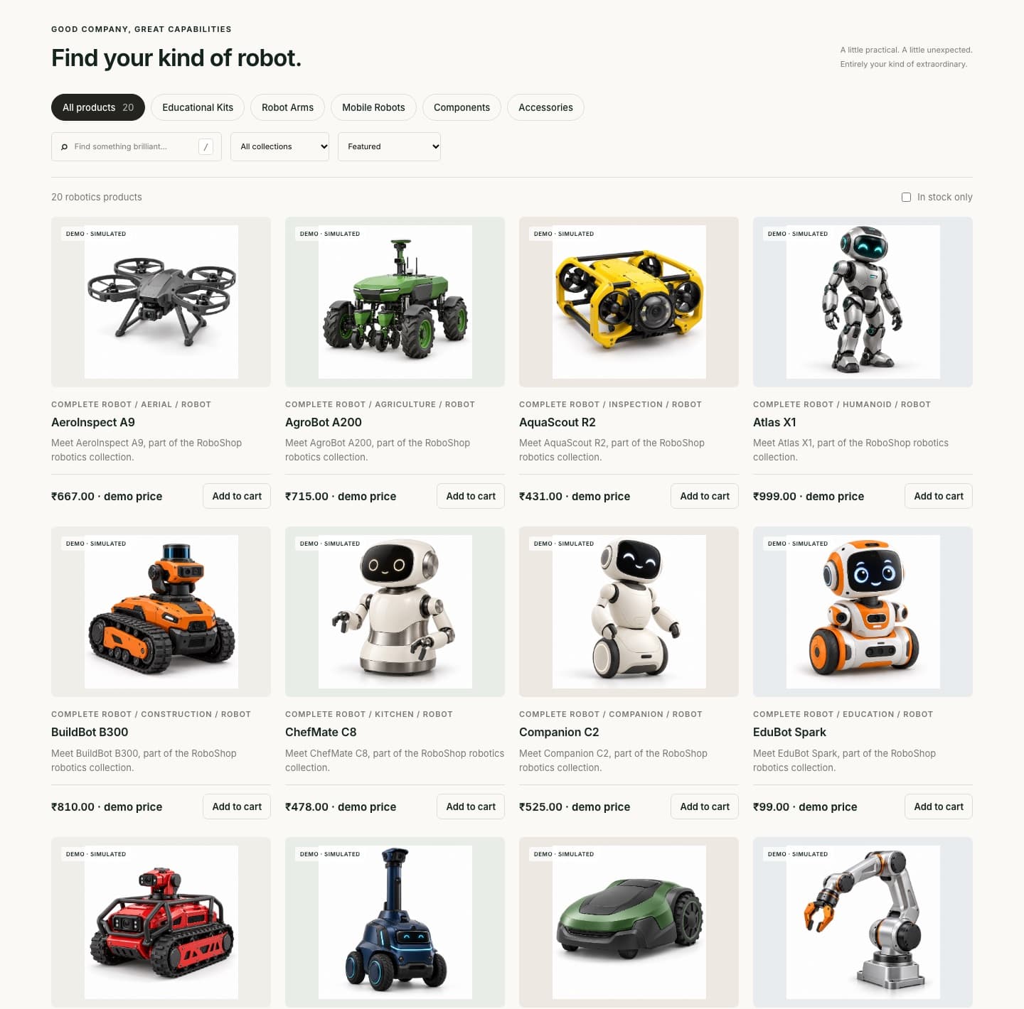 RoboShop AI product collection grid with robot renders, demo prices and Add to cart buttons
