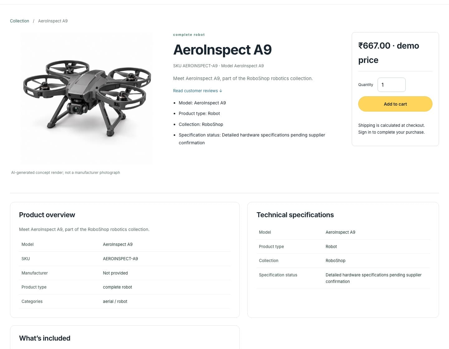 RoboShop product page for the AeroInspect A9 drone with price, quantity, Add to cart and technical specifications